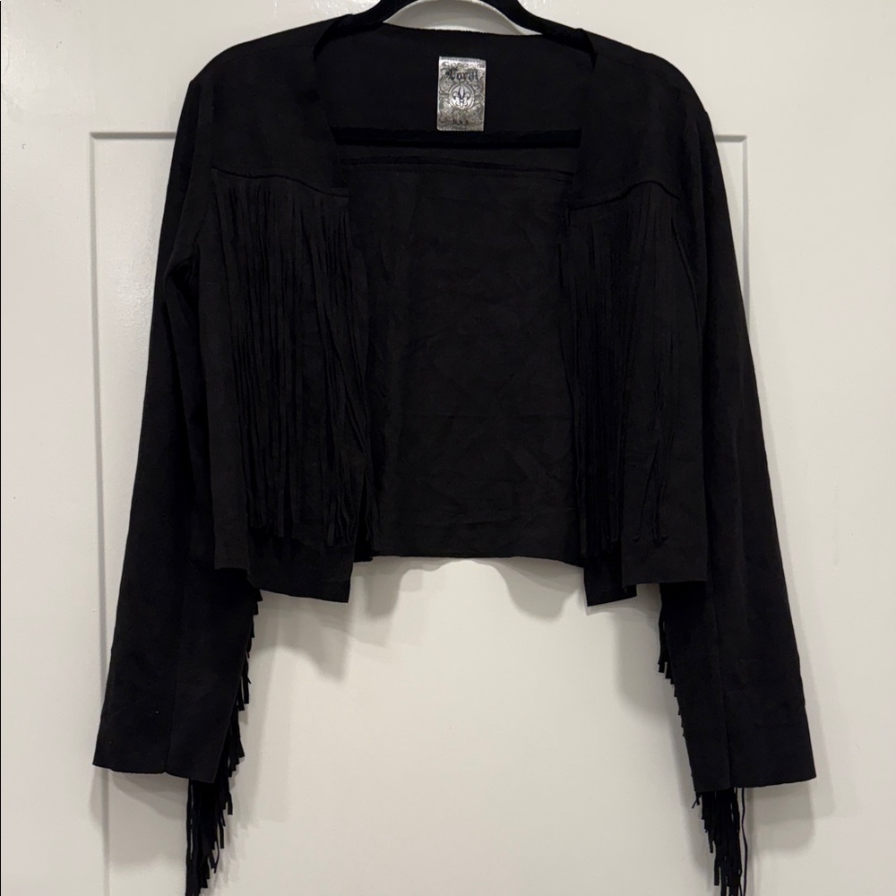 Vocal Fringed boho Coachella  Open-Front Black faux  Suede Jacket western medium